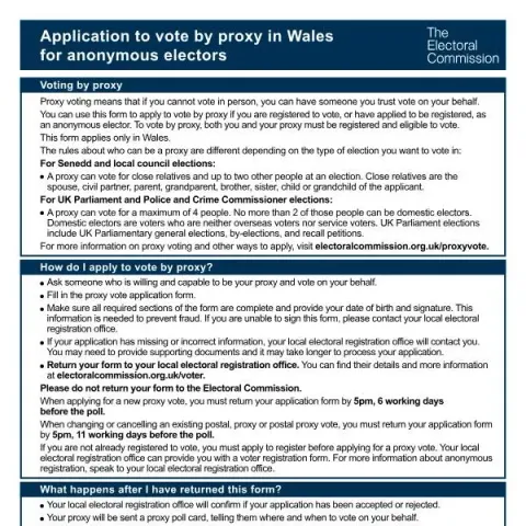 Document preview: Understanding Proxy Voting Application for Anonymous Electors in Wales — Government & admin (PR-A-W)