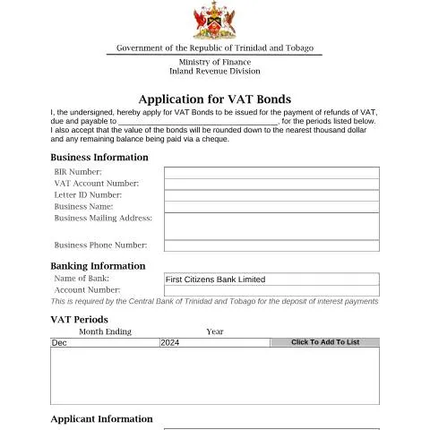 Document preview: Comprehensive Guide to VAT Bond Application in Trinidad and Tobago — Taxes (CERFA n°VAT Bond Application)