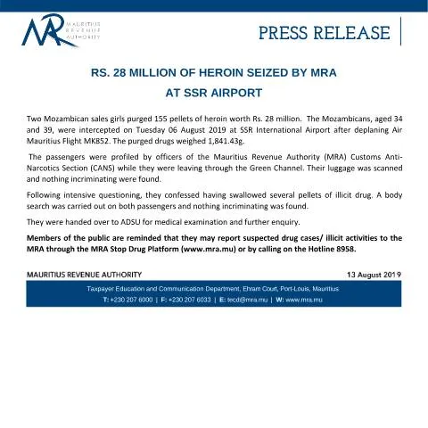 Document preview: Significant Heroin Seizure at SSR Airport by MRA — Government & admin (PressRelease130819)