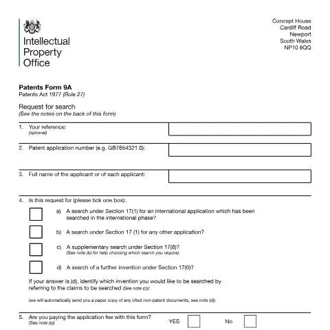 Document preview: How to Submit a Patent Search Request Using Form 9A in the UK — Government & admin