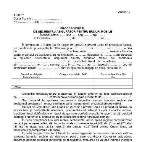 Document preview: Importanța procesului-verbal de sechestru asigurător în România — Formalități administrative (CERFA n°A12_OPANAF_63_2017)