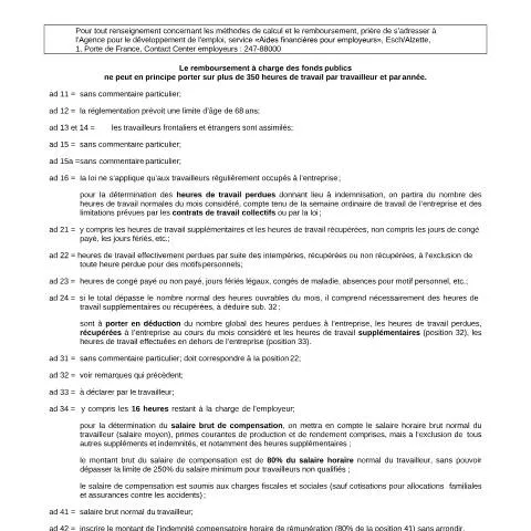 Aperçu du document Déclaration de créance de chômage dû aux intempéries au Luxembourg — Emploi & travail (CERFA n°cond_explic)