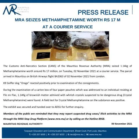 Document preview: Impacts of MRA's Rs 17 Million Methamphetamine Seizure — Government & admin (PressRelease091121)