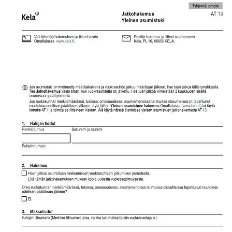 Document preview: Yleinen asumistuki ja jatkohakemus — Asuminen (CERFA n°Kela AT 13)