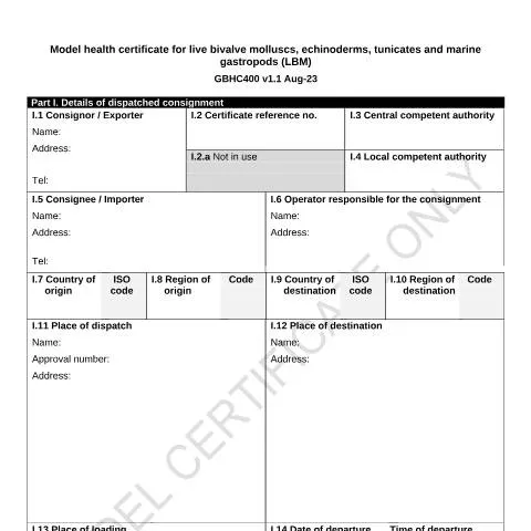 Document preview: Model Health Certificates for Marine Products: GBHC400 Requirements — Government & admin