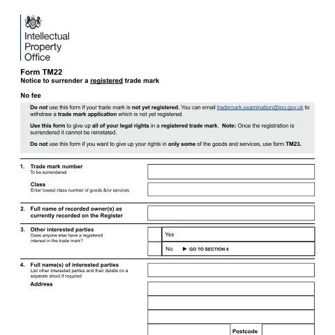 Document preview: How to Surrender Your UK Trade Mark Registration: TM22 Process — Legal & justice