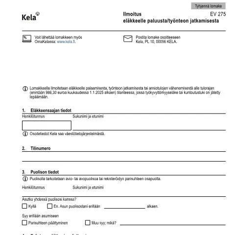 Document preview: Ilmoitus eläkkeelle paluusta ja työnteon jatkamisesta — Hallinnolliset asiat (CERFA n°Kela EV 275)