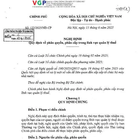 Document preview: Nghị định số 122/2025/NĐ-CP và nghĩa vụ thuế của doanh nghiệp — Thuế & tài chính (CERFA n°122/2025/NĐ-CP)