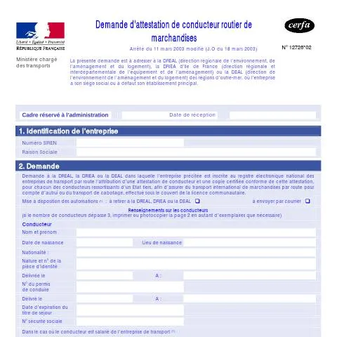 Aperçu du document Formulaire 12726*02 : obtenir son attestation de conducteur routier — Démarches administratives (CERFA n°12726*02)