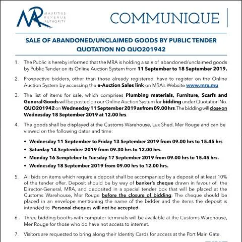 Document preview: Understanding MRA's Role in Public Tender Sales of Abandoned Goods — Government & admin (Communique42of2019)