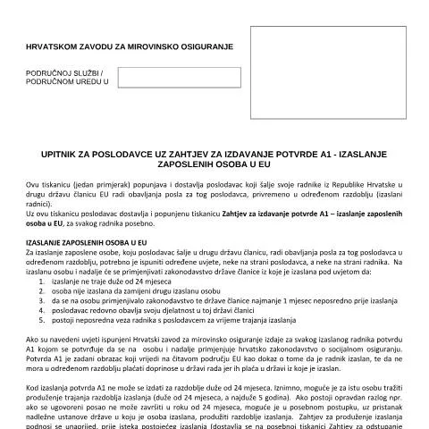 Document preview: Izazovi i koristi potvrde A1 za poslodavce u Hrvatskoj — Mirovina i penzija (CERFA n°UPITNIK-ZA-POSLODAVCE-UZ-ZAHTJEV-ZA-IZDA)