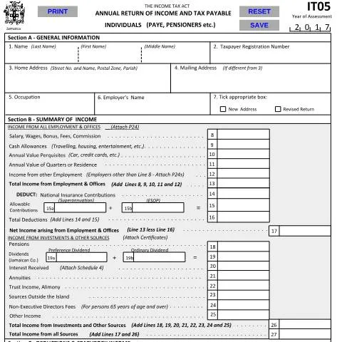 Document preview: Understanding the Jamaica IT05 Income Tax Return Form — Government & admin (CERFA n°IT05_03012017)