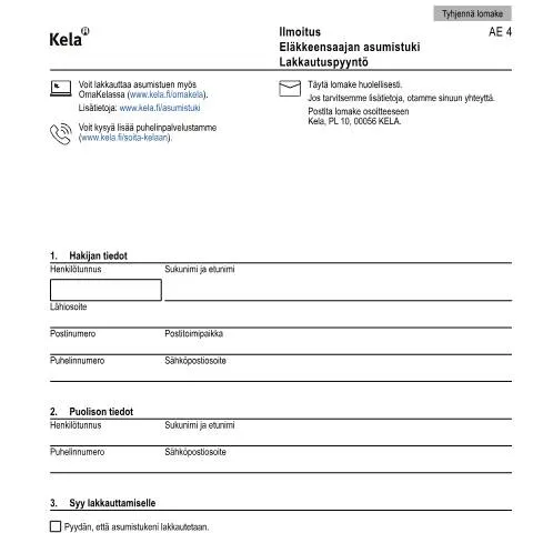 Document preview: Eläkkeensaajan asumistuen lakkauttaminen: Tärkeät asiat huomioitavaksi — Hallinnolliset asiat (CERFA n°Kela AE 4)