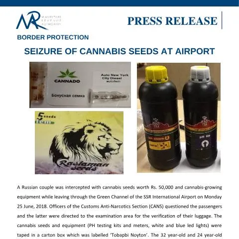 Document preview: Mauritius Airport Seizes Cannabis Seeds to Enforce Border Security — Government & admin (PressReleaseCannabis260618)