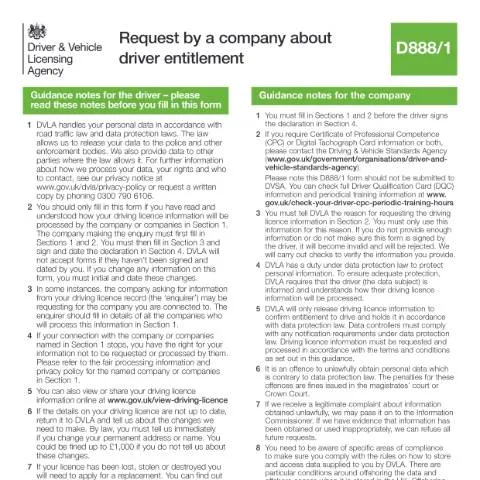 Document preview: DVLA D888/1: How UK Companies Check Employee Driver Records — Vehicle & driving