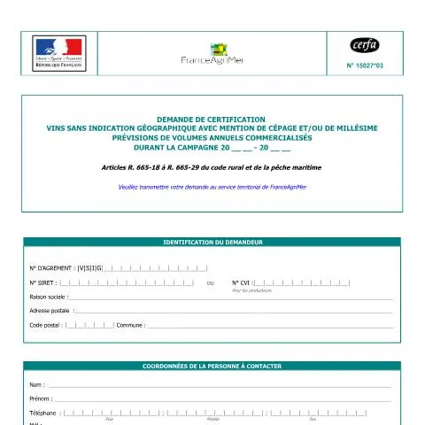 Aperçu du document Demande de certification des vins sans indication géographique — Démarches administratives (CERFA n°15027*03)