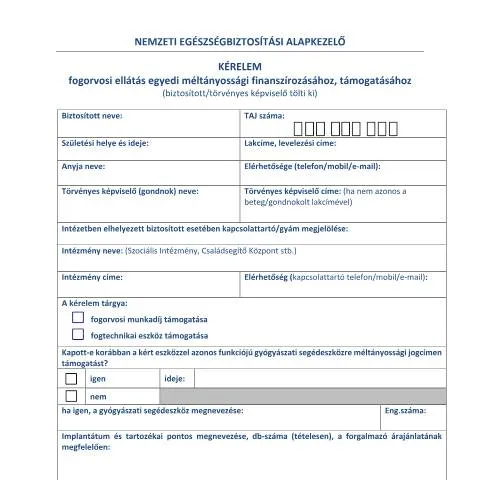 Document preview: Egészségügyi támogatási kérelem fogorvosi ellátásra — Egészség (CERFA n°FNMT.150.K)