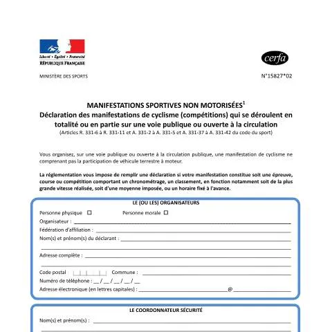 Aperçu du document Comment déclarer une course cycliste chronométrée sur voie publique — Démarches administratives (CERFA n°15827*01)