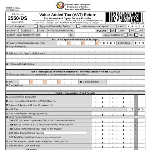 Document preview: Navigating BIR Form No. 2550-DS for VAT Compliance — Taxes (CERFA n°2550-DS)
