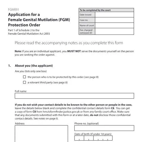 Document preview: How to Apply for FGM Protection Orders Using Form FGM001 — Legal & justice