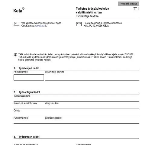 Document preview: Työssäoloehdon todistuksen merkitys työttömyysturvassa — Työ & työllisyys (CERFA n°Kela TT 4)