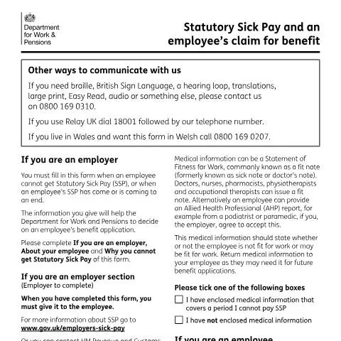 Document preview: Complete SSP1 Form Process: From Workplace Sick Pay to State Benefits — Work & employment
