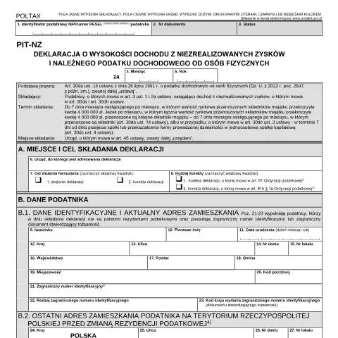 Document preview: Deklaracja PIT-NZ: Kluczowe Informacje dla Przedsiębiorców — Podatki i fiskalność (CERFA n°PIT-NZ)