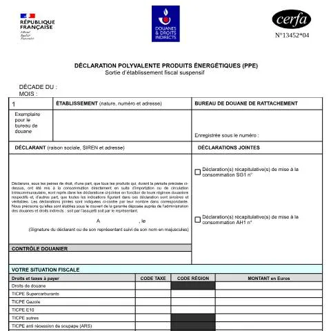 Aperçu du document Sortie d'établissement fiscal suspensif : mode d'emploi — Démarches administratives (CERFA n°13452*04)