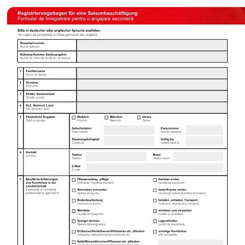 Dokumentvorschau: Formular für saisonale Beschäftigung in Deutschland — Arbeit & Beschäftigung (CERFA n°registrierungsbogen-saisonbeschaeftigung-rumaenisch_ba034850)
