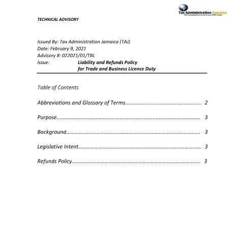 Document preview: Understanding Liability and Refund Policies for Trade and Business — Taxes (CERFA n°Technical+Advisory+-Liabilty+and+Refund+of+Trade+and+Business+Licence+Final)