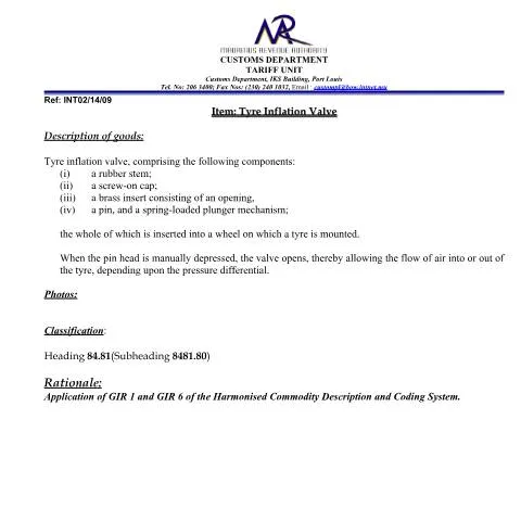 Document preview: Understanding the Importance of Tyre Inflation Valve Classification — Government & admin (TyreInflation)