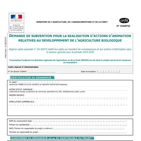 Aperçu du document Aide financière animation agriculture biologique : bénéficiaires — Démarches administratives (CERFA n°15449*02)
