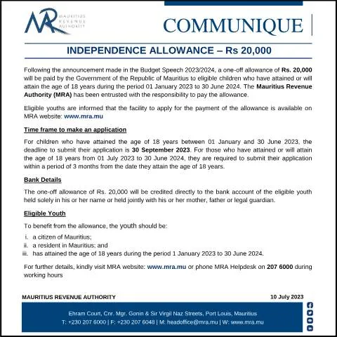 Document preview: Mauritius Independence Allowance Notice for Young Citizens — Benefits & social aid (CERFA n°CommuniqueIndependenceAllowance)