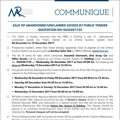 Document preview: Unlock Opportunities with Public Tender Sales of Abandoned Goods — Government & admin (CERFA n°CommuniqueQ35of2017)