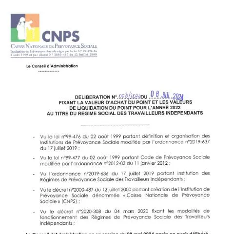 Aperçu du document Délibération N° 002 de la CNPS : Valeurs de Liquidation 2023 — Retraite & pension