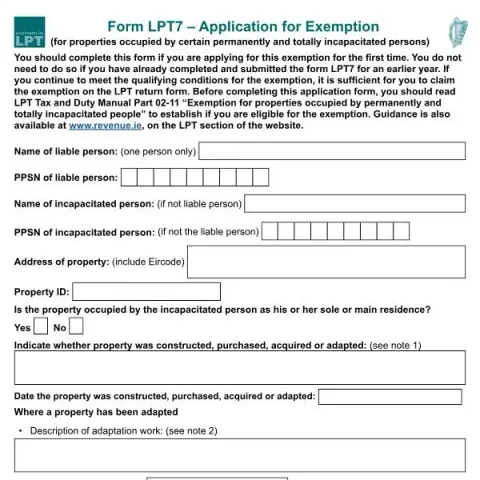 Document preview: Apply for Exemption Using Form LPT7 from Revenue Commissioners — Taxes (LPT7)