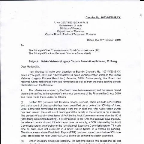Document preview: Circular Dated 29 October 2019 on Sabka Vishwas Scheme: Key Highlights — Government & admin (CERFA n°circular-dated-29102019)