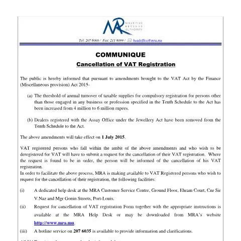 Document preview: Understanding VAT Registration Cancellation in Mauritius — Taxes (VATCancellation290615)