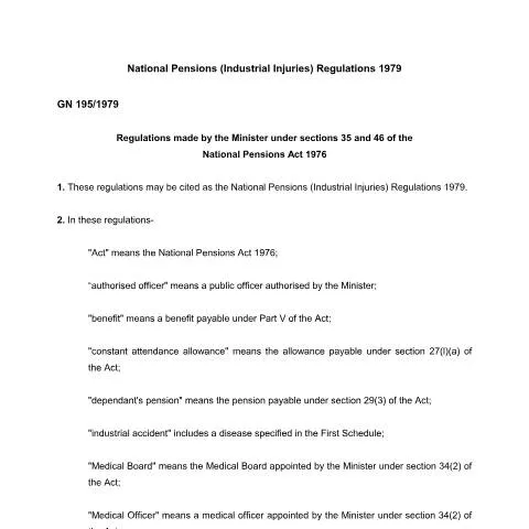 Document preview: Understanding the Mauritius Industrial Injuries Regulations 1979 — Benefits & social aid (CERFA n°national-pensions-industrial-injuries-regulations-no-195-1979)