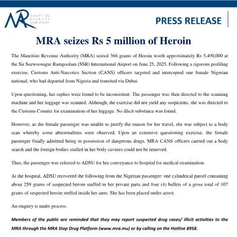 Document preview: MRA's Major Heroin Seizure at Airport — Government & admin (PressRelease010725)