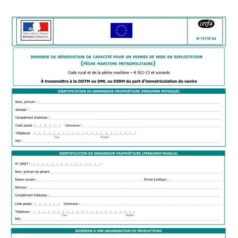 Aperçu du document Réservation de capacité pour permis d'exploitation pêche maritime — Démarches administratives (CERFA n°15730*04)