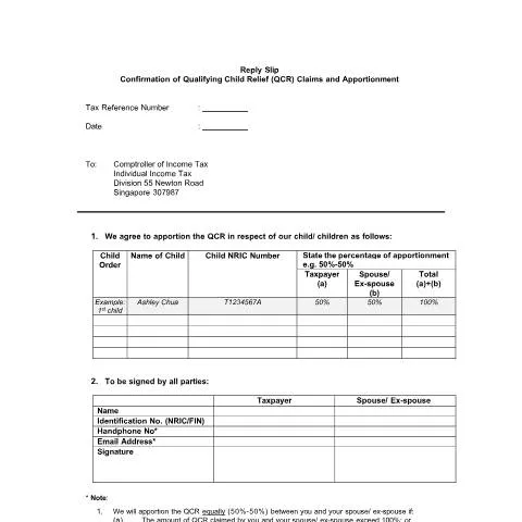 Document preview: Understanding the IRAS Reply Slip for Qualifying Child Relief Claims — Taxes (CERFA n°APPLICATION-FOR-QCR-V1-0)