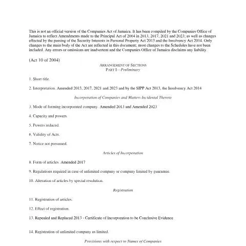 Document preview: Jamaica Companies Act and Recent Legal Revisions — Legal & justice (CERFA n°Companies_Act_2004_with_2013_2017_2021_and_2023_Amendments_SIPP_Insolvency_Amendments)