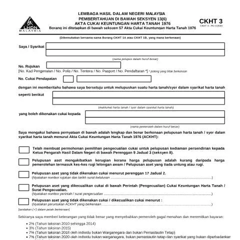 Document preview: Memahami Fungsi Borang CKHT 3 dalam Cukai Keuntungan Harta Tanah — Cukai & percukaian (CERFA n°CKHT 3)