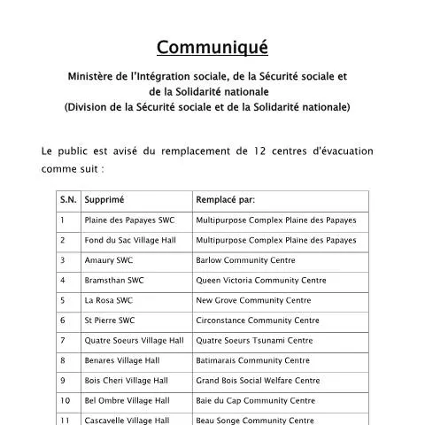 Document preview: Official Notice on Evacuation Centres in Mauritius — Government & admin (Communique-on-Evacuee-Centres)