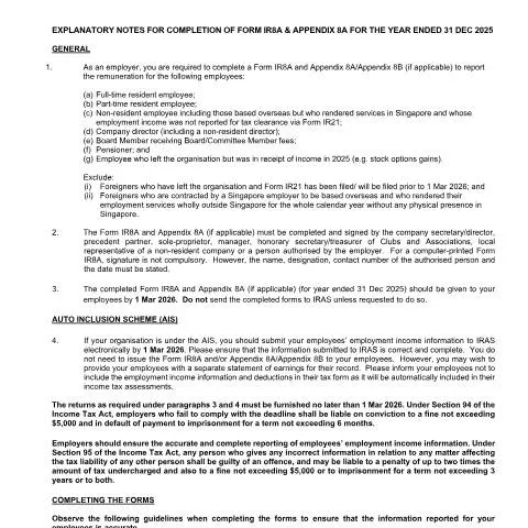 Document preview: Guide to IR8A Explanatory Notes for Singapore Employers — Taxes (CERFA n°EXPLANATORY-NOTES-ON-FORM-IR8A-AND-APPENDIX-8A-FOR-YA2026)