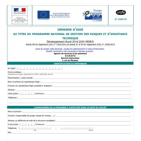 Aperçu du document Programme RDR3 : aide à la gestion des risques agricoles 2014-2020 — Démarches administratives (CERFA n°15495*01)