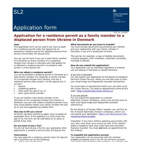 Document preview: Guide til SL2-formularen for familiesammenføring i Danmark — Immigration & visa (CERFA n°SL2)