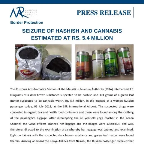 Document preview: Mauritian Border Security: Hashish and Cannabis Seizure — Government & admin (PressRelease060718)