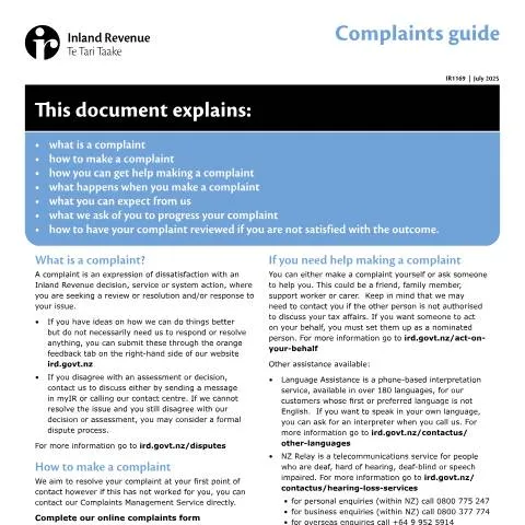 Document preview: Guide to IR1169: How to Contact Inland Revenue NZ — Government & admin (CERFA n°IR1169)